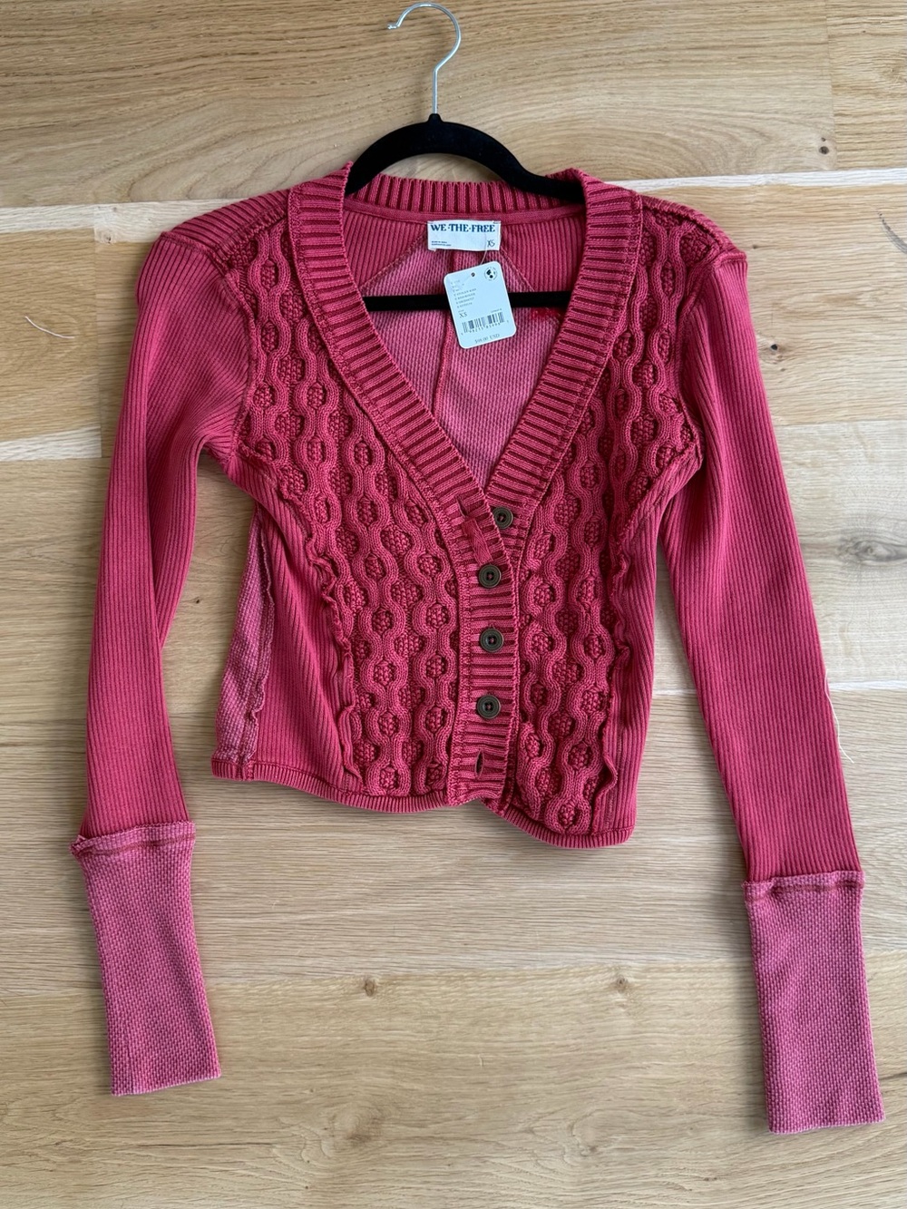 We The Free Rose Pink Cable-Front Buttoned Cardigan